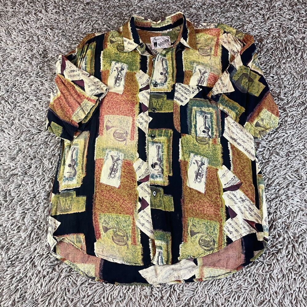Goouch Shirt Mens Medium M Green Abstract Geometric Print Art Colorful Vintage